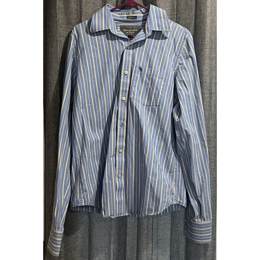 Abercrombie & Fitch Shirt Mens L‎ Blue Striped Button Down Long Sleeve Moose